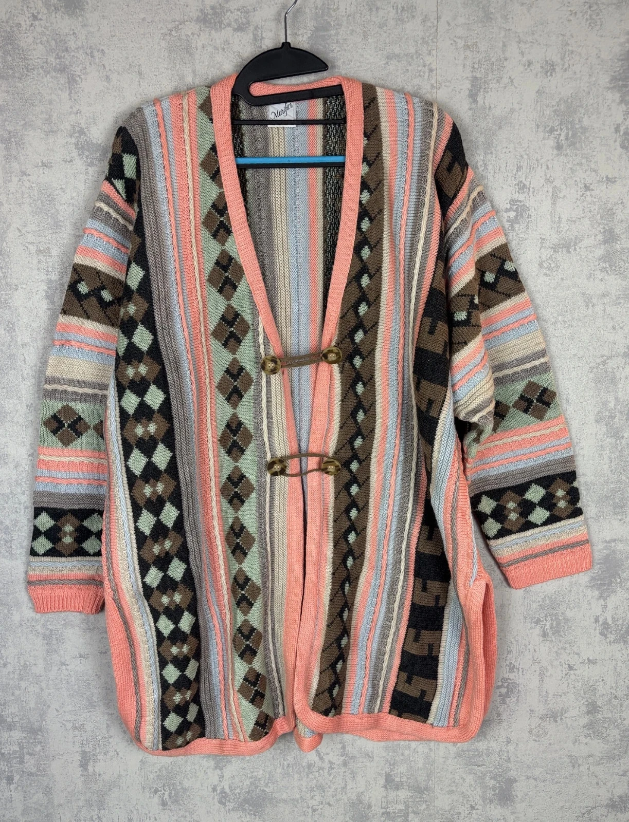 Gilet Marifior Coogi style Vintage Long Motif Géométrique Multicolore Corail | 50% Laine | Taille L